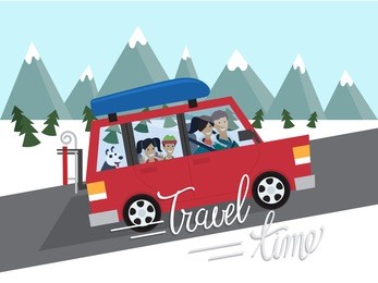 family winter traveling. mountain outdoor tourism. travel by car. flat design vector illustration