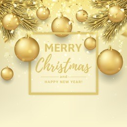 merry christmas and happy new year illustration. beautiful gift card with golden balls on fir tree branches. elegant vector background with gold confetti for xmas design. 