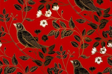 vintage flowers, branches, leaves, birds. print gold foil on a red background. vector seamless pattern. illustration for fabrics, phone case paper, gift packaging, textiles, interior design, cover.