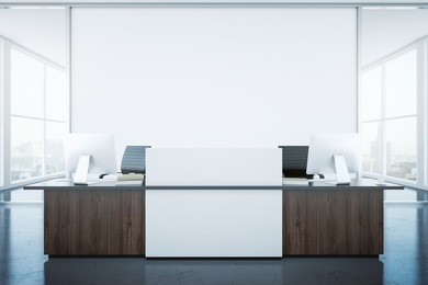 modern reception desk and blank banner in interior with city view. mock up, 3d rendering