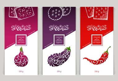 vector set of templates packaging design snack food, label, banner, poster, identity, branding. background with sketch hand drawn illustration - cookies, cracker, biscuit.