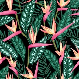 vector seamless tropical bird of paradise plant pattern with leaves, exotic flower blooming in summer. modern graphical floral background allover print. all elements are separate and editable.
