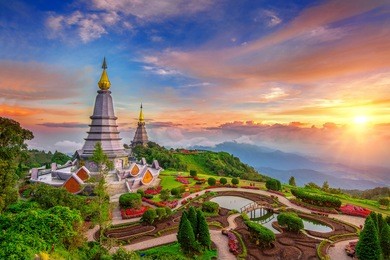 the best of landscape in chiang mai. pagodas noppamethanedol & noppapol phumsiri at sunset in inthanon mountain, thailand.