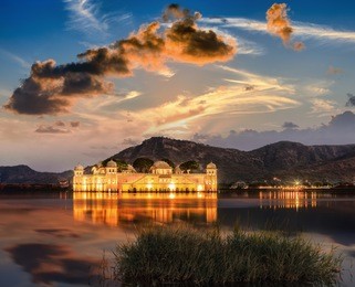 the palace jal mahal at sunrise. jal mahal (water palace) was built during the 18th century in the middle of man sager lake. jaipur, rajasthan, india, asia