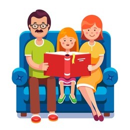 family. mom, dad and daughter reading story book together sitting on the couch. happy parents with their kid. colorful flat style cartoon vector illustration.