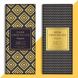 organic dark and milk chocolate bar design. choco packaging vector mockup. trendy luxury product branding template with label and geometric pattern
