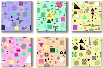 abstract seamless patterns 80's-90's styles. trendy memphis style. colorful geometric background set.