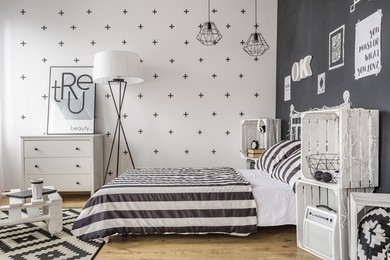 shot of a creatively decorated black and white bedroom