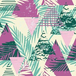 trendy seamless exotic pattern with palm leaves, hand texture and geometric elements. vector background.