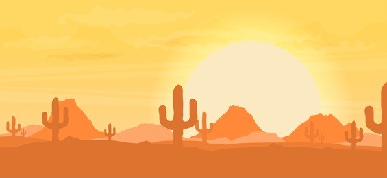 western desert landscape at sunset vector illustration. 
