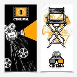 cinema vertical banners with camera tape  director chair and 3d glasses vector illustration