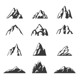 mountain vector icons set. set of mountain silhouette elements. outdoor icon snow ice mountain tops, decorative symbols isolated. camping mountain logo, travel labels, climbing or hiking badges