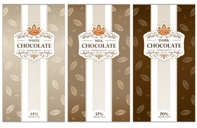 dark, milk and white chocolate bar design. elegant chocolate vector packaging. trendy  product branding template with label.