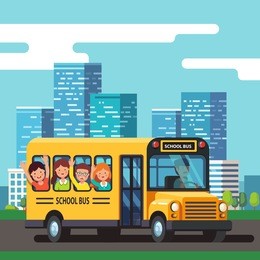 city school bus driver riding urban road with kids. town skyline background. colorful flat style cartoon vector illustration.