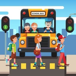 kids boys and girls school pupils crossing street road stoplight green traffic light in front of school bus. zebra pedestrian crosswalk. colorful flat style cartoon vector illustration.