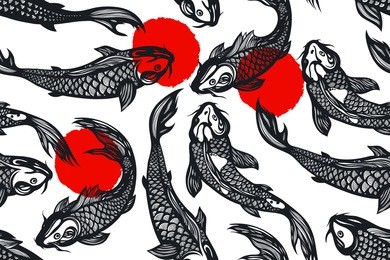 seamless pattern with koi carp fish, spots. pond. background in the chinese style. hand drawn. raster copy.