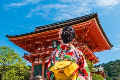 women wear kimono standing in kiyomizu temple, kyoto, japan