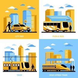 city transportation 2x2 design concept with public bus tram taxi and high speed train compositions flat vector illustration    