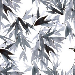 watercolor and ink bamboo leaves pattern in style sumi-e, u-sin. oriental traditional painting. seamless pattern.