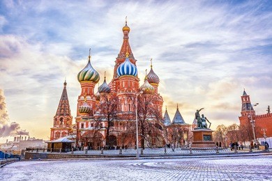 saint basil's cathedral in red square in winter at sunset, moscow, russia.