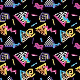 seamless pattern with abstract shapes and animal prints in nineties style