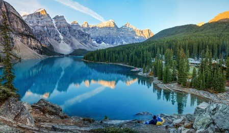 moraine lake panorama in banff national park, alberta, canada
