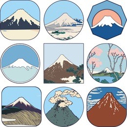 picturesque sketches of mount fuji in japan. set of views of mount fuji from different sides and in all seasons.