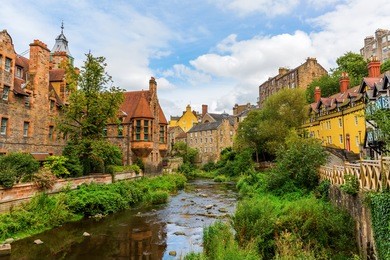 picturesque dean village along the river leith in edinburgh, scotland