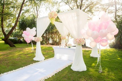 romantic wedding ceremony on the beach under the pines.