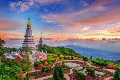 the best of landscape in chiang mai. pagodas noppamethanedol & noppapol phumsiri at sunset in inthanon mountain, thailand.