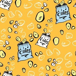 potato chips pattern - hand drawn vector doodle repeat seamless design in cartoon style with orange background