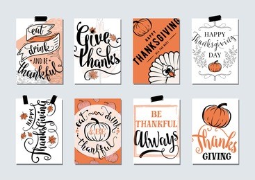 vector set of thanksgiving holidays hand drawn invitation and greeting card with handwritten lettering greetings, words and phrases. happy thanksgiving day wishes template with turkey, pumpkin, leaves