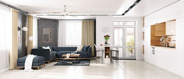 modern apartment living room with the kitchen. 3d rendering