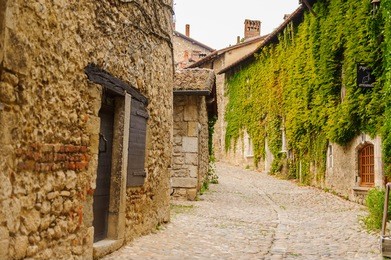 perouges, france, a medieval walled town, a popular touristic attraction.