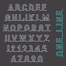 one line font, latin alphabet letters and numbers, white isolated on grey background, vector illustration.