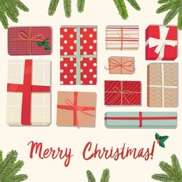 big pile of colorful wrapped gift boxes. lots of presents. flat style vector illustration isolated on white background.