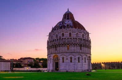 the pisa baptistery of st. john (battistero di san giovanni di pisa) in pisa, tuscany, italy. pisa baptistery became second building, in chronological order, in piazza dei miracoli, near duomo di pisa