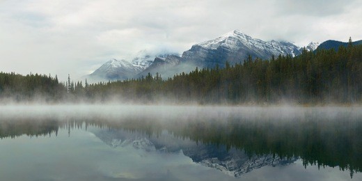 lake herbert panorama in a foggy morning with glaciers mountain and reflection in banff national park, canada