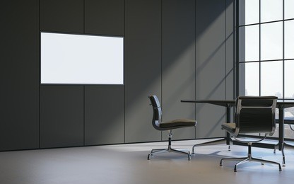 closeup of meeting room in a dark luxury contemporary panoramic office. with empty screen tv on wall. 3d rendering