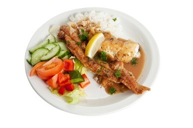 a dish of fried fish and rice with the recommended amount of