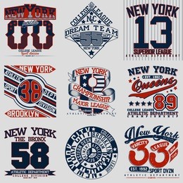 set of t-shirt graphic designs,  new york sports wear typography emblems, creative print stamps, vector