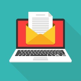 laptop with envelope and document on screen. e-mail, email marketing, internet advertising concepts. flat vector illustration.