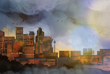 sunset over a modern city, abstract landscape, based on moscow city. digital mixed media artwork and watercolor texture