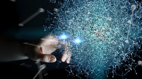 businesswoman on blurred background touching 3d rendering data network sphere with her fingers