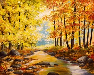 oil painting, colorful autumn trees, impressionism art