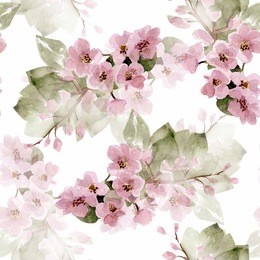 seamless watercolor pattern with a branch of a tree with pink flowers and leaves