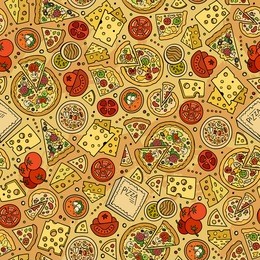 cartoon cute hand drawn pizza seamless pattern. colorful with lots of objects background. endless funny vector illustration. bright colors backdrop with fastfood symbols and items