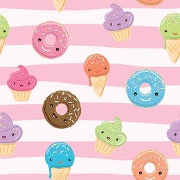 seamless pattern with sweets - ice cream, donuts, cupcakes isolated on linear white and pink background. can use for birthday card, the children's menu, packaging, textiles, fabrics, wallpaper