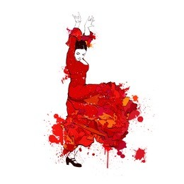 vintage vector illustration - spanish girl dances a flamenco and color spots