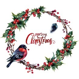 watercolor christmas wreath made of dry twigs, red holly berries and green leaves with a male bullfinch sitting on it. yule chaplet. new year winter decoration isolated on white. vintage style.
